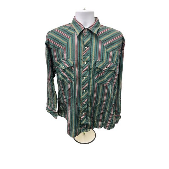 🎶 VTG Basic Editions Retro Striped Button Shirt L 90s Western Style Pearl Snap - Picture 2 of 5